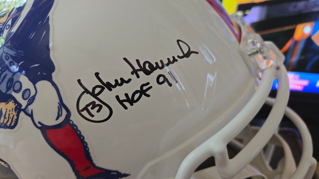John Hannah Autographed New England Patriots Riddell Speed Replica Helmet – Schwartz Sports Certified