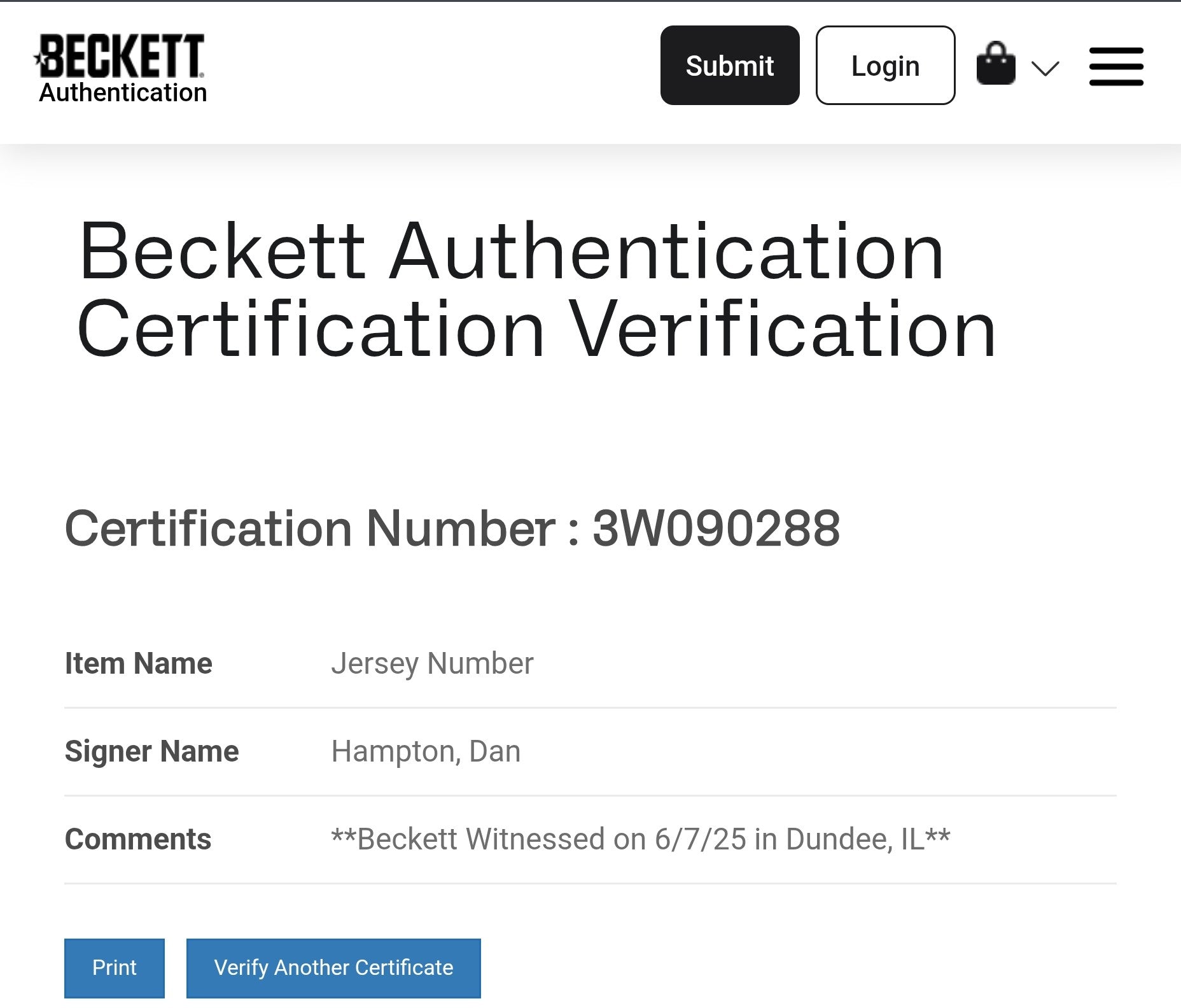 Dan Hampton Beckett Certified Autographed Custom Jersey