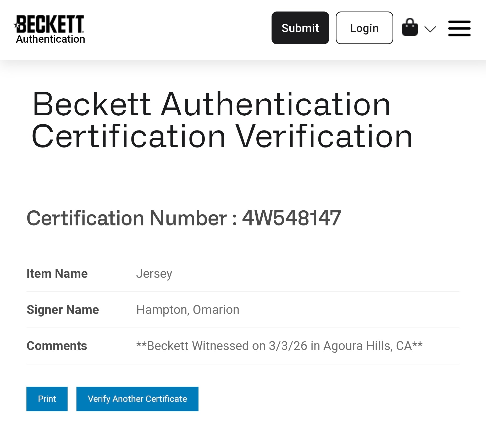 Omarian Hampton Autographed Custom Jersey – Beckett Certified (BAS)