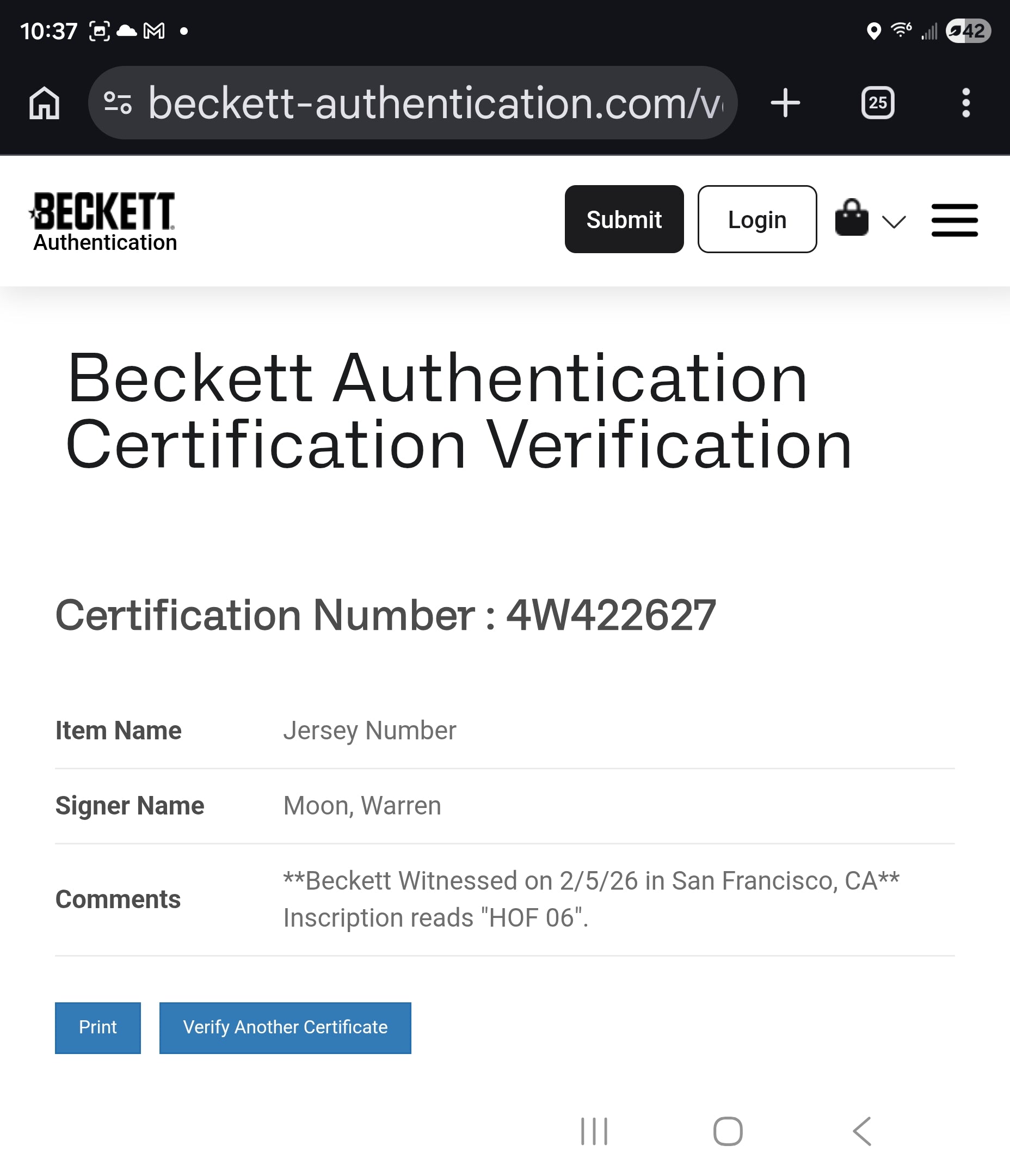 Warren Moon Beckett Certified Autographed Seattle Custom Jersey