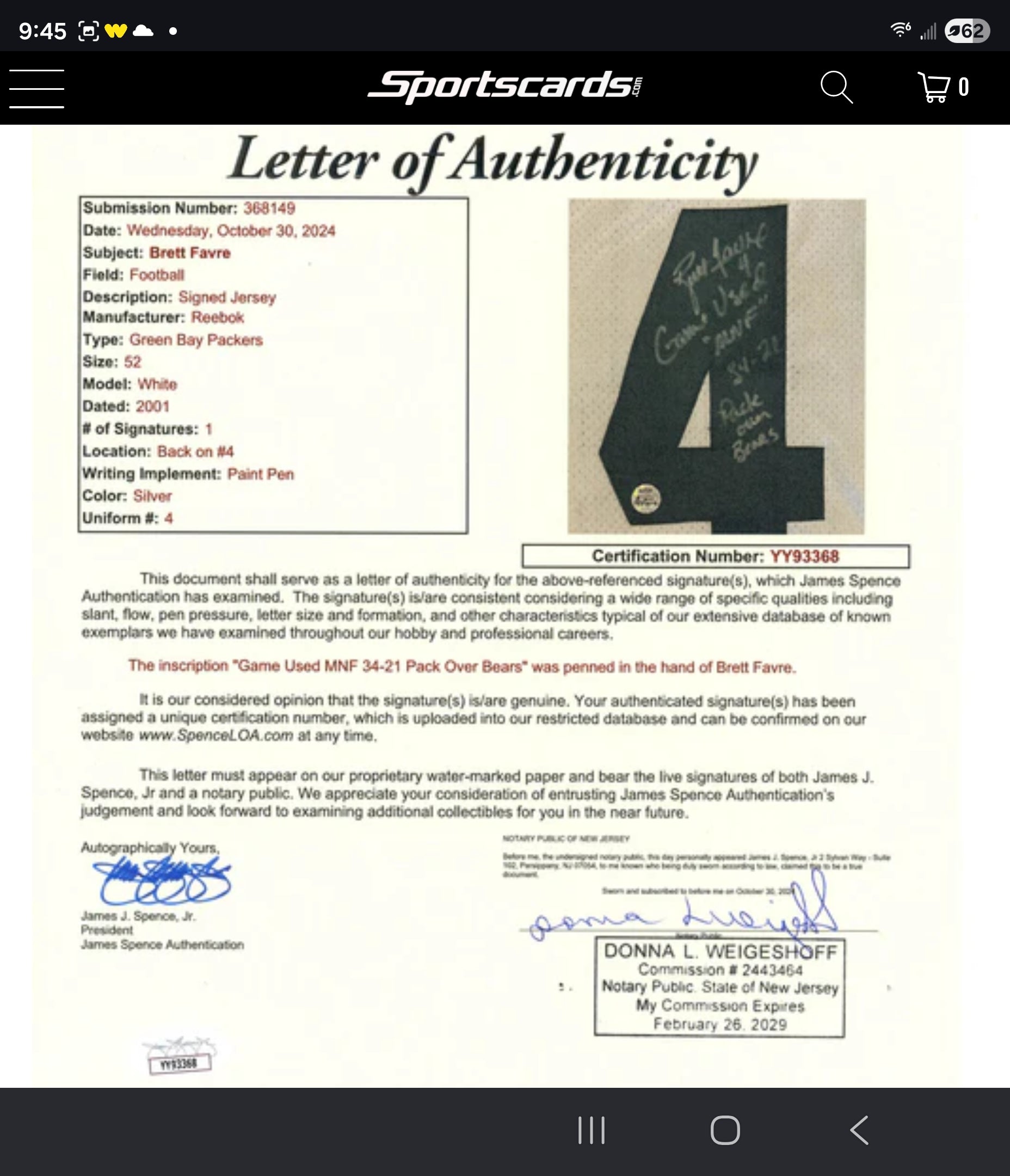 Brett Favre Jersey Fusion Legendary Collection Beckett Certified Game-Worn Jersey Card #278/999