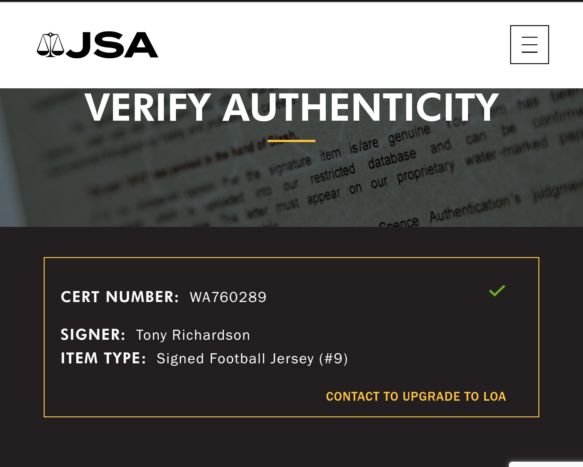 Tony Richardson JSA Certified Autographed Custom Jersey